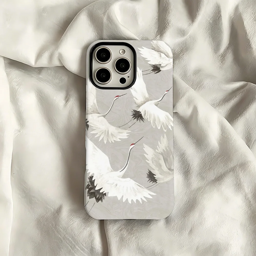 Grey Crane Art Phone Case for Samsung Galaxy S20 S23 S24 S25 S26 FE Plus Ultra Edge 4G 5G Luxury Double-layer Back Cover