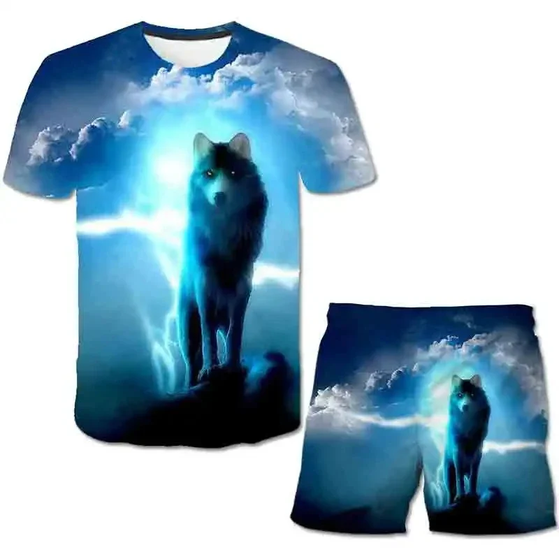 Man T-shirt Suit Animal 3D Print Wolf Totem Summer Casual T-Shirt+Shorts 2Pcs Outfits Fashion Short Sleeve Clothing High-quality