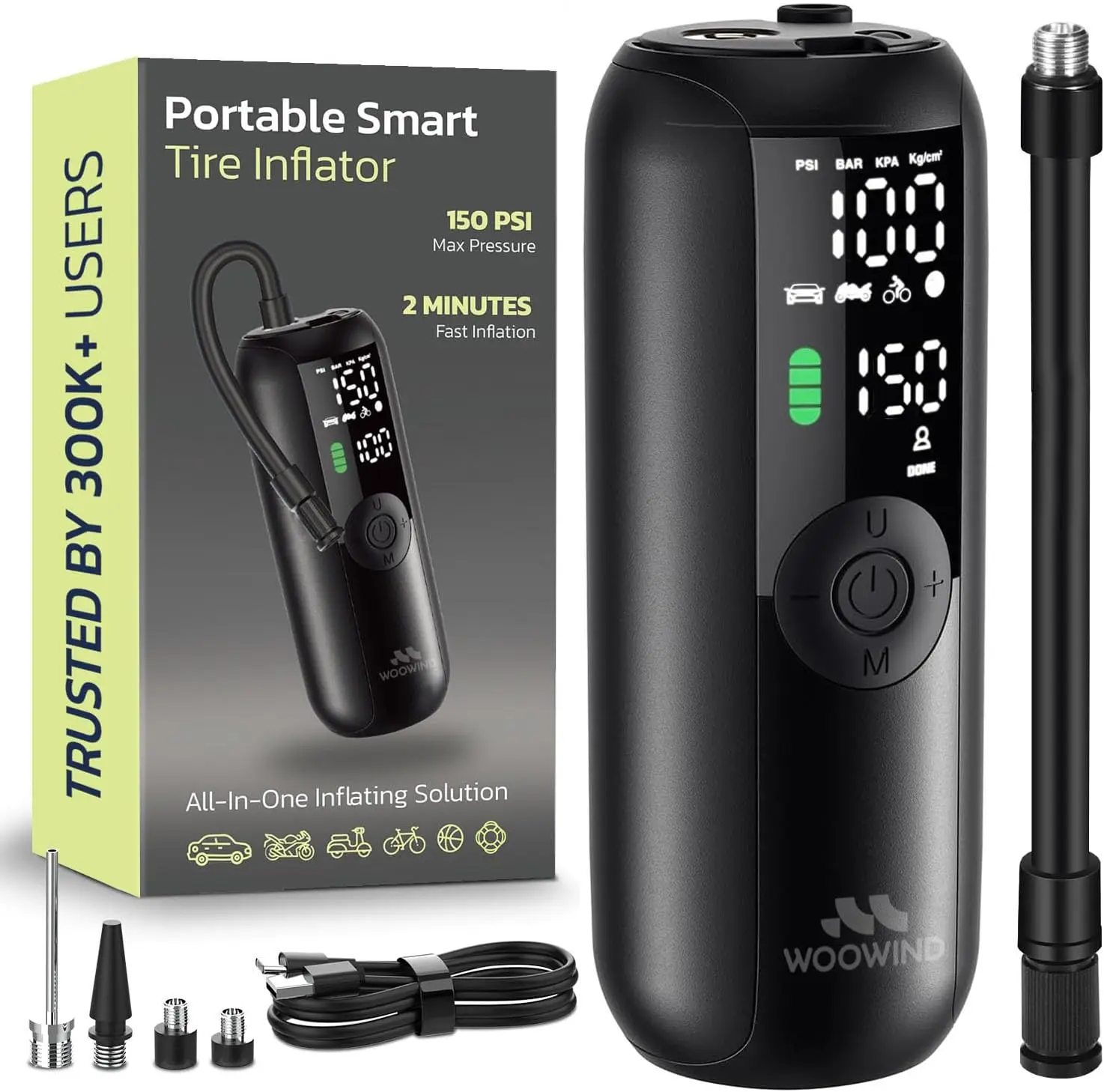 

Портативный насос для накачивания шин, 1-минутный воздушный насос до 150 фунтов на квадратный дюйм с цифровым манометром, светодиодной подсветкой, автоматическим отключением для автомобилей, велосипедов, мотоциклов