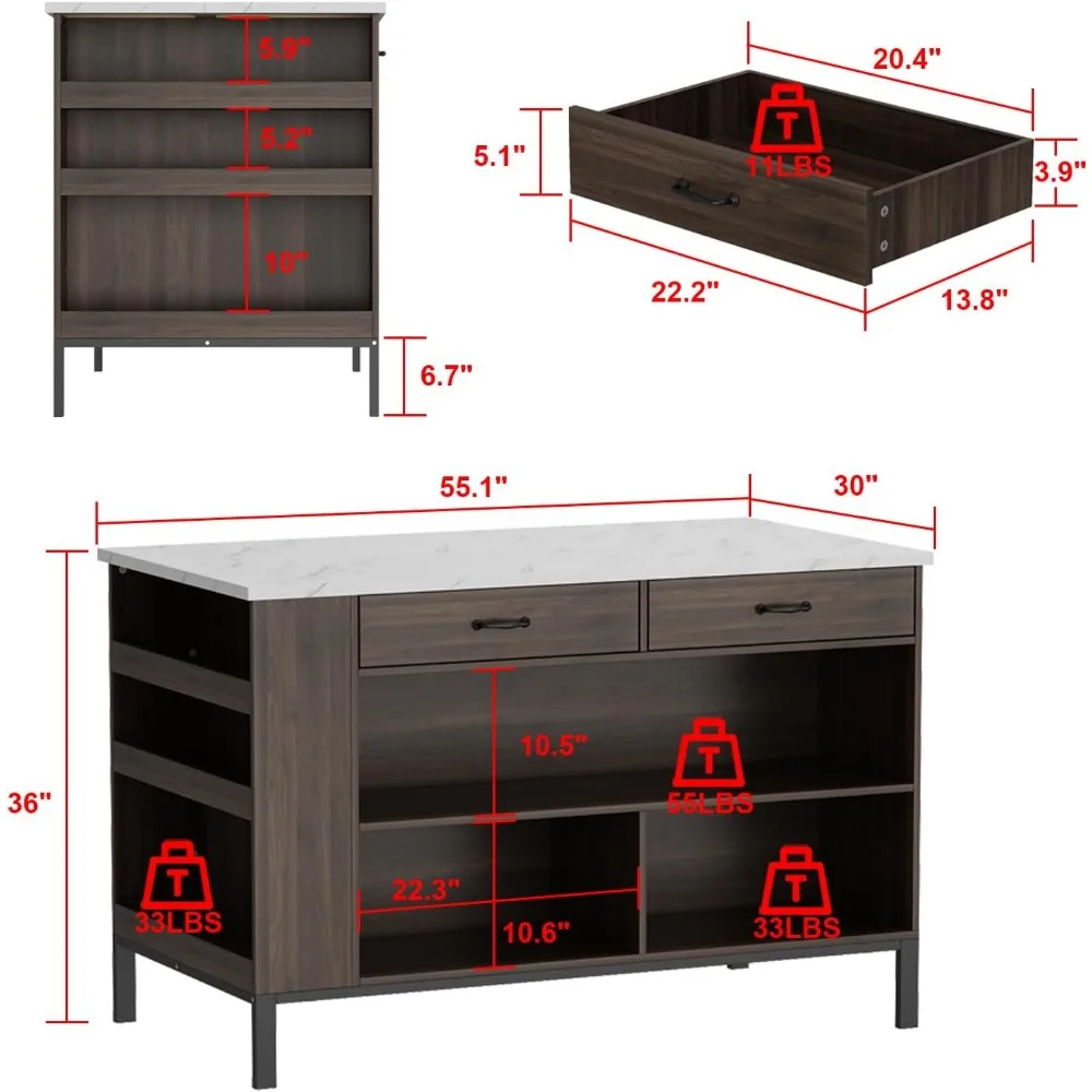 Table de préparation de cuisine avec étagères et égouts de proximité, îlot de cuisine avec rangement et dessus en marbre Mars, table de café-bar, 55.1 po