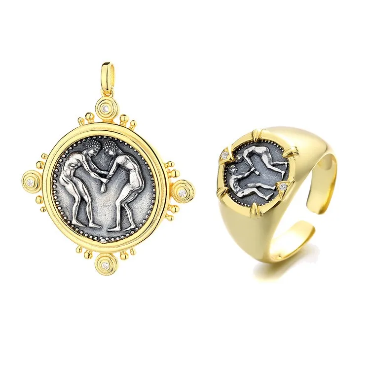 

SJS ZFSILVER 925 Silver Fashion Luxury Trendy Pamphylia Retro Gold Ancient Coin Set Earring Rings Pendant Women Wedding Jewelry