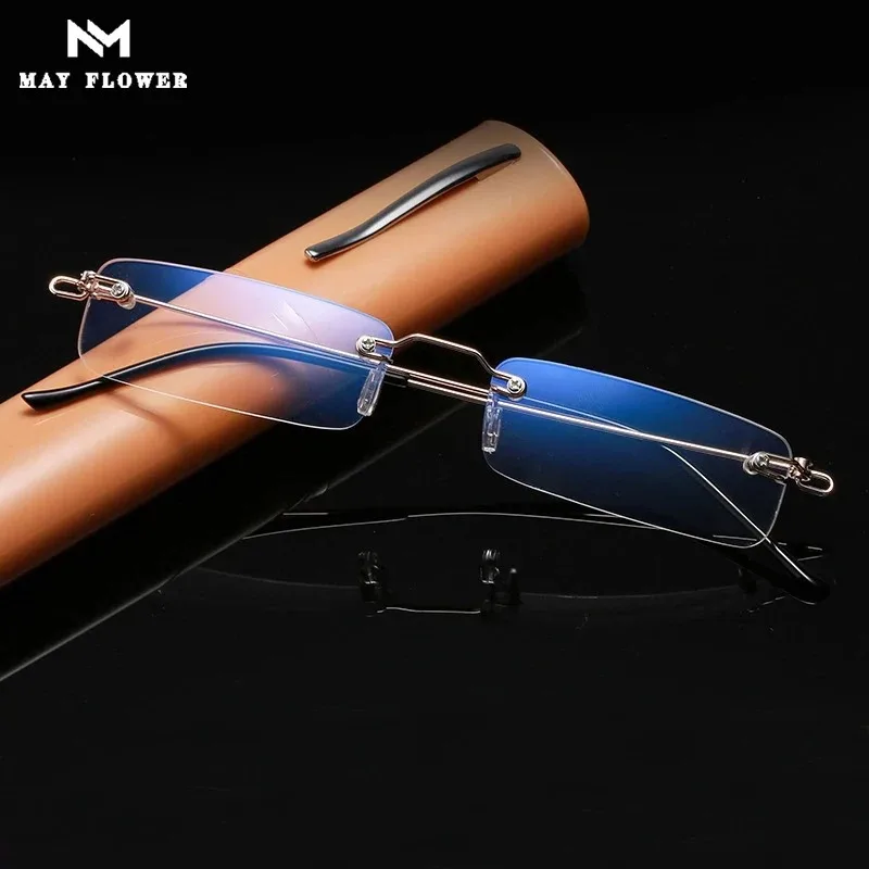 Mode Rimmlose Lesebrille Flexible Legierung Rahmenlose Brillen Mit Fall Retro Quadratischen Rahmen Gläser Für Männer Dioptrien + 3,5 + 4