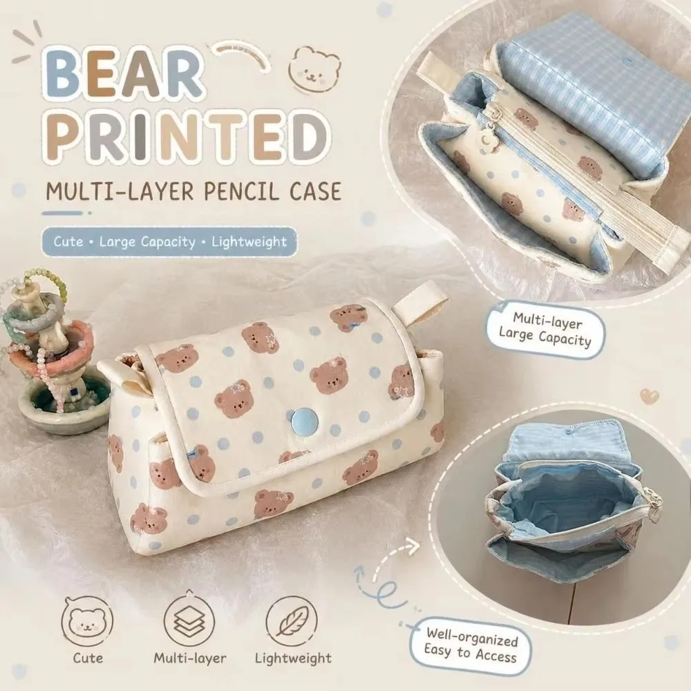 Multi-Layer Pencil Pouch Button-closure Large Capacity Pencil Case Bear Printed Lightweight Stationery Bag School Supplies