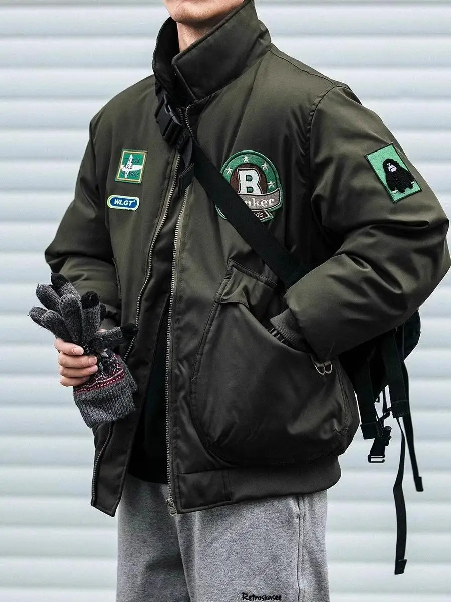 American Style Men's Flight Jacket Cotton Coat Loose Fit Large Size Versatile Baseball Jacket Winter Outerwear