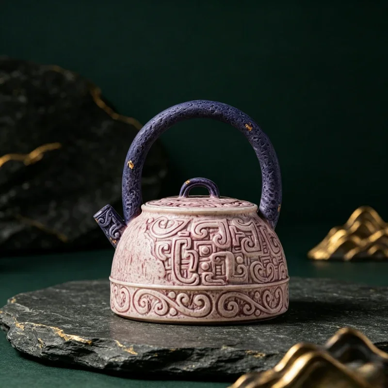 Ceramic Retro Beast‑Face Pattern Teapot Chinese Style Handle Teapot Vintage Kung Fu Tea Set for Home Tea Making
