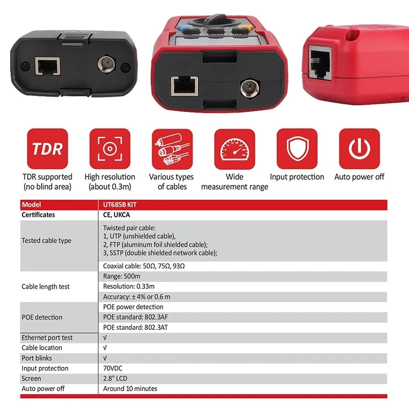 UNI-T UT685B Kit TDR Cable Tester Pair Coaxial POE Network Cable Length Sequence Detector RJ11 RJ45 Plug Adapter Digital Meter