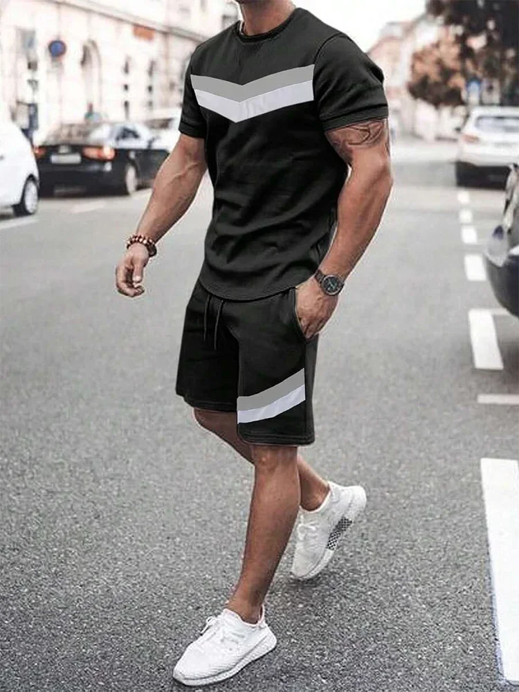 Casual T Shirt Round Neck Short Sleeve Suit Drawstring Elasticized Shorts Suit Summer Men's Sweatshirt Outdoor Business Style