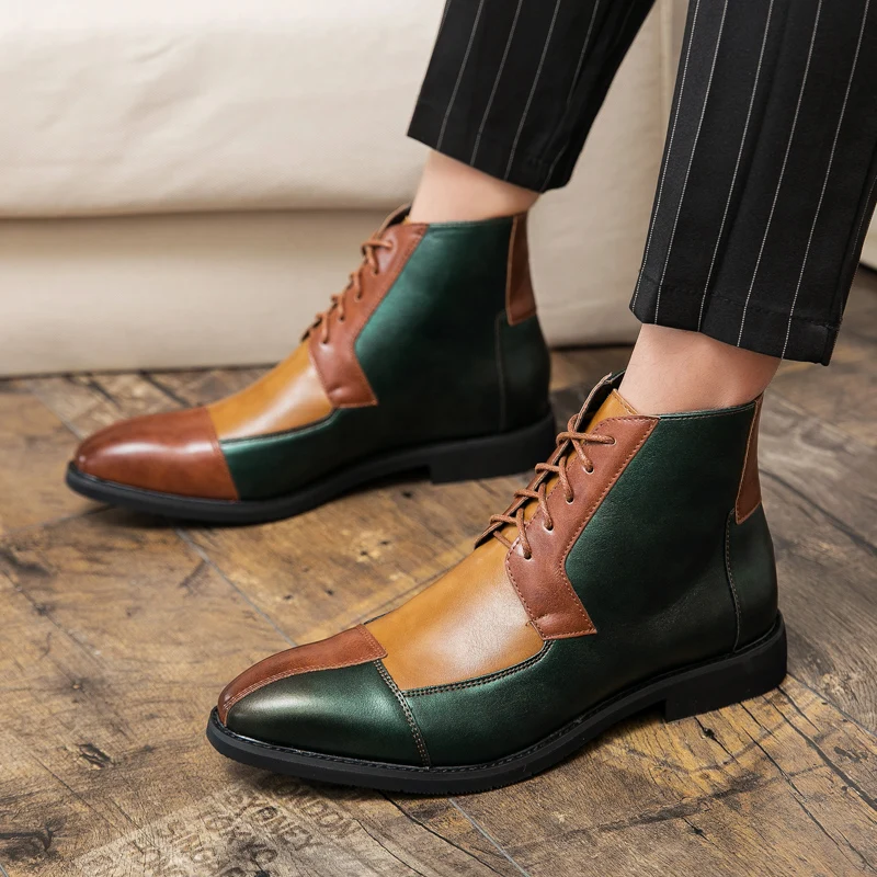 

2025 Men's Handmade Ankle Boots Mixed Colors PU Leather Lace-Up Motorcycle Dress Shoes Botas Hombre