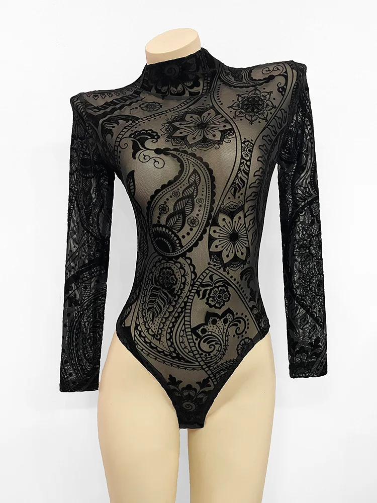 

Women Bodycon Bodysuit New 2025 Sexy Transparent Mesh Jumpsuits Chic Flocking Flowers T-shirt Top Streetwear Long Sleeve 57908