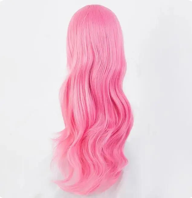 Parrucca rosa sintetica resistente al calore lunga ondulata frangia inclinata capelli Costume da cartone animato carnevale di Halloween Cos-play posticci