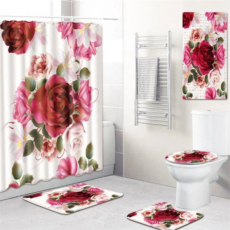 Printed 3D Shower Curtain, Floral Shower Curtain Set With Floor Mat, Custom Washable Shower Curtains