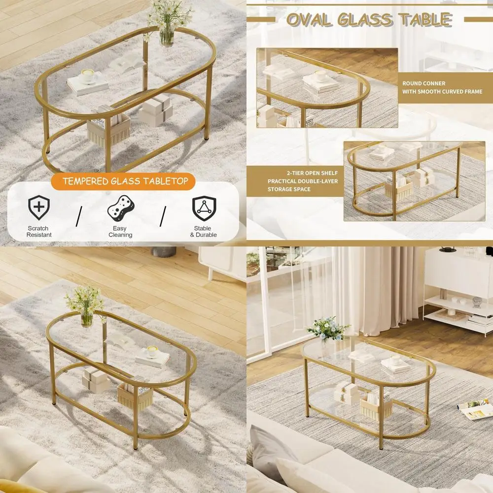 

Золотой овальный стеклянный журнальный столик с металлическим каркасом, двухуровневая современная центральная часть гостиной, подходит для домашнего офиса и спальни