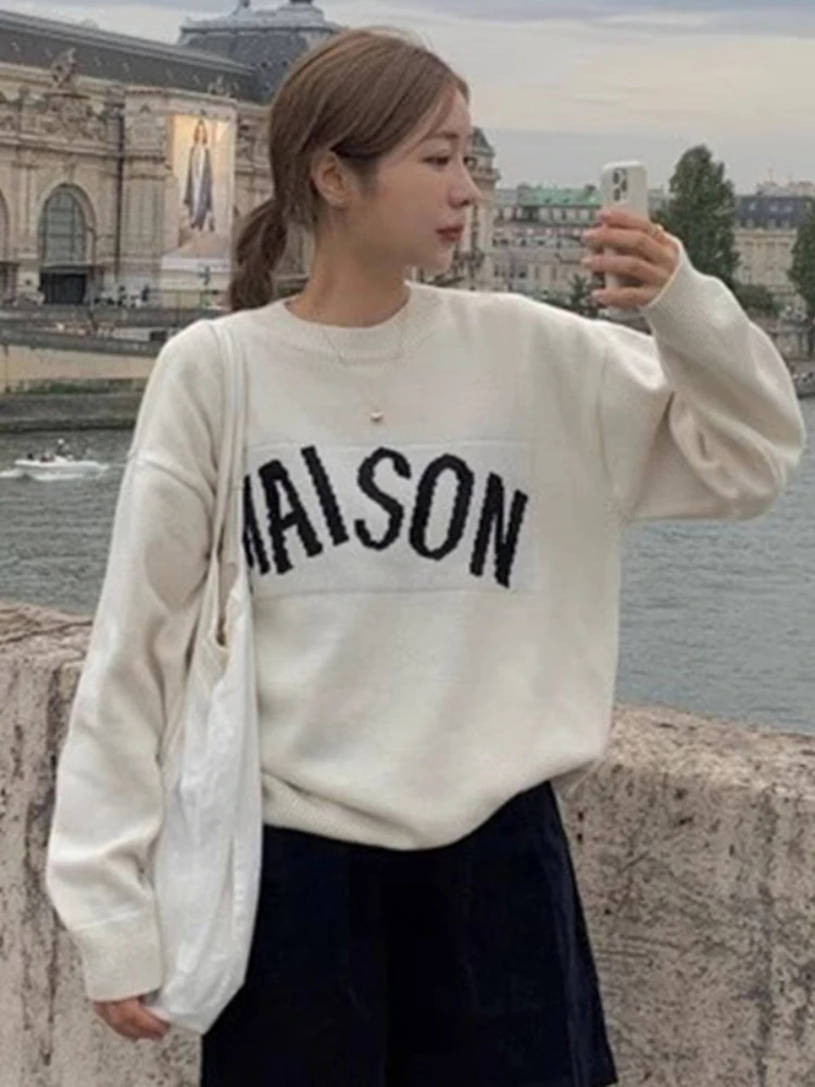 Korobov South Korea Chic Sweater Autumn Winter French Lazy O Neck Pullovers Letter Print Loose Casual Knitted Long-sleeved Top