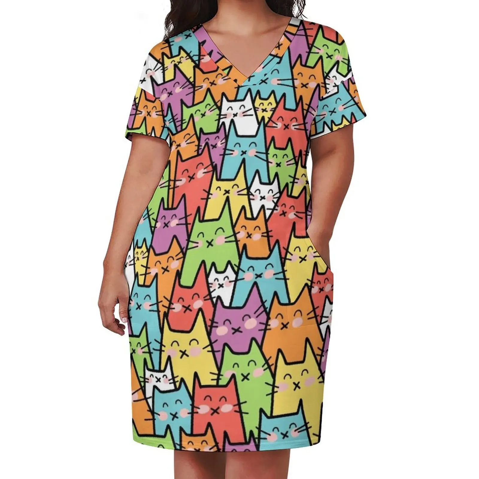 Cat Party (Colorful 1) Loose Pocket Dress womans clothing ladies dresses for special occasions