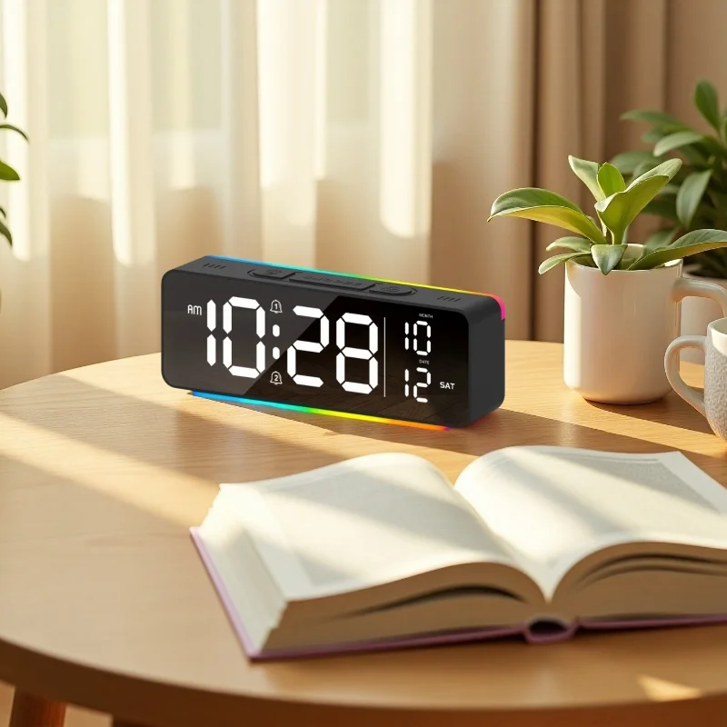 

USB Powered Digital Alarm Clock with 11 Colors Mood Light Date Week 2 Alarm 12/24H Night Mode Unlimited Snooze Table LED Clock