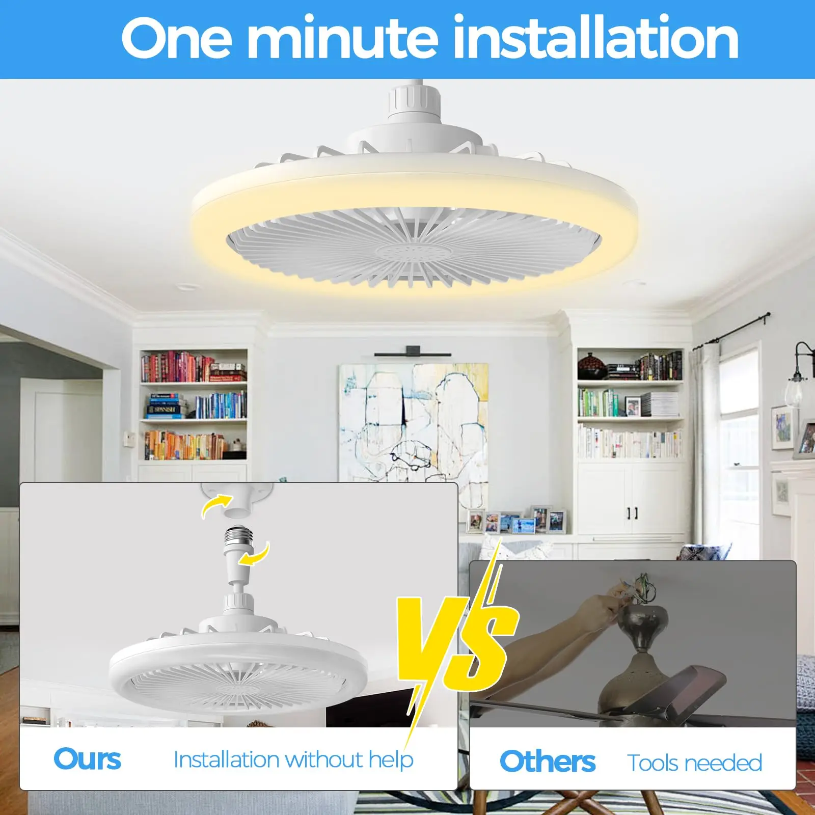 IRALAN Socket Ceiling Fan With Light E27 3 Fan Speeds Dimmable 3 Light Colors Easy To install For Bedroom Kitchen And Balcony