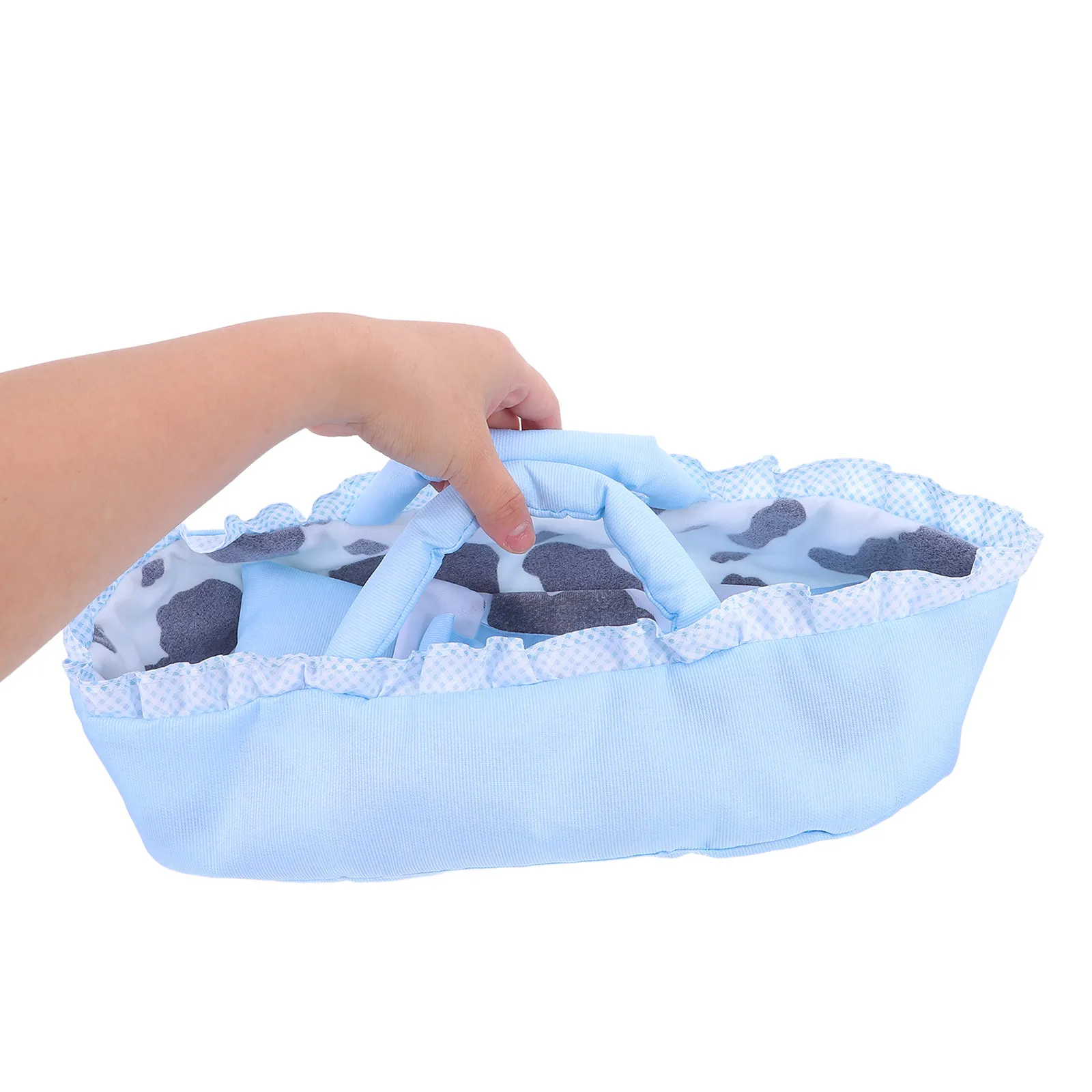 

Reborn Baby Bassinet 35Cm Blue Handheld Crib Bed Carrier Pillow Blanket Dollhouse Scene DIY Portable Miniature Cradle Decor