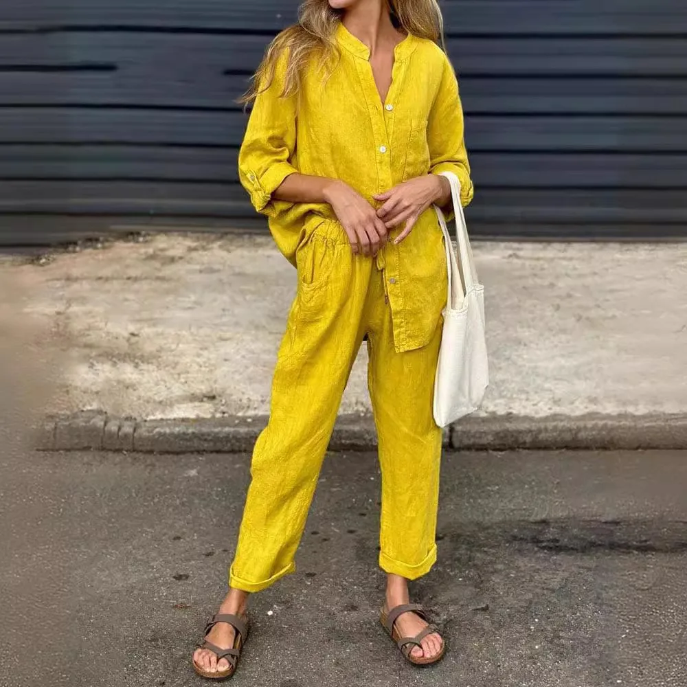 Casual Stand Collar Single Breasted Shirt Long Pants Two-piece Set For Women 2024 Autumn Cotton Linen Blouse Yelow Outfits Femme