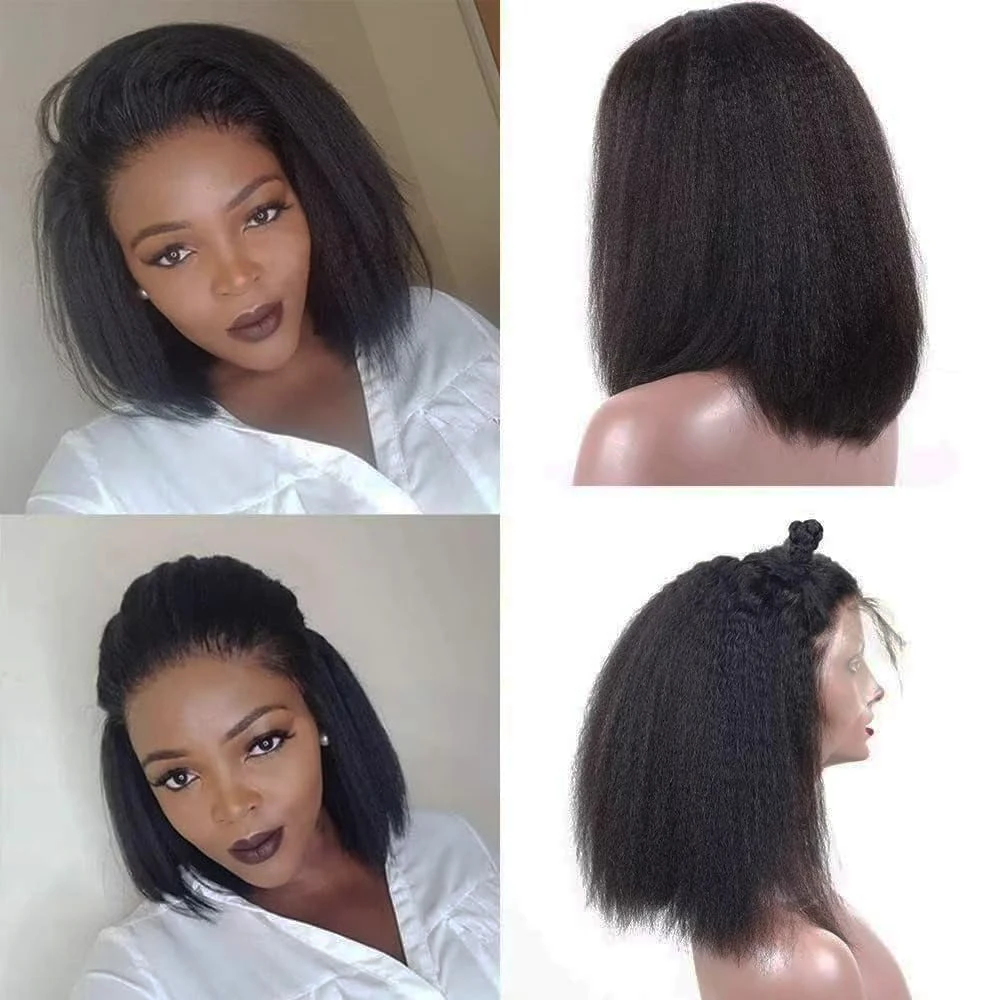 Short Kinky Straight 4x4 Lace Closure Wig Pre Plucked Natural Hairline Bob Yaki Straight Wig 13x4 Lace Frontal Human Hair Wigs