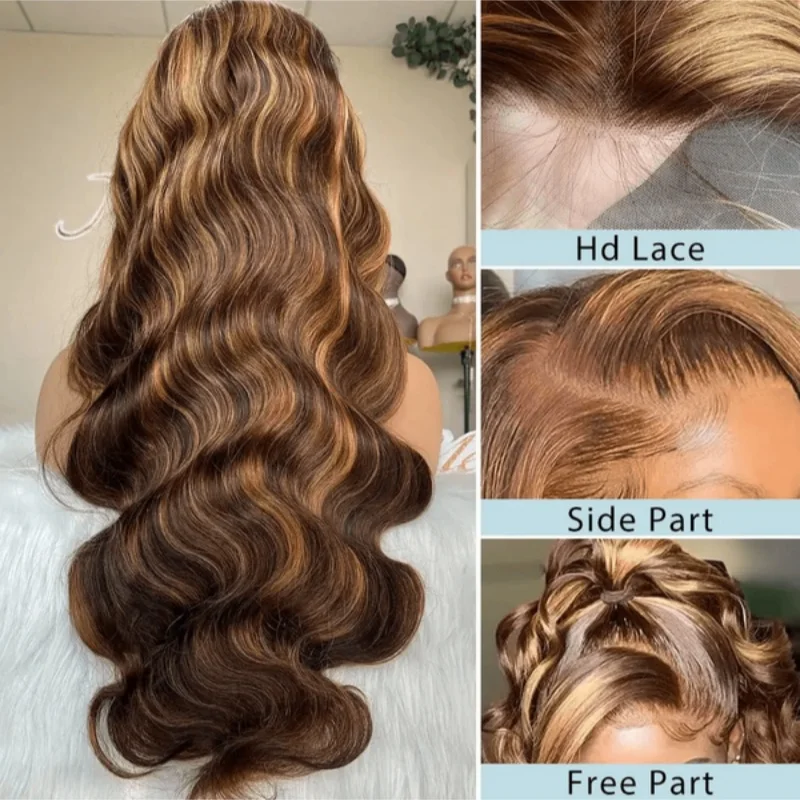 Body Wave 4/27 13x4 HD Transparent Lace Frontal Wigs For Women 34Inch Colored Brazilian Human Hair Wigs 250% Density Pre Plucked