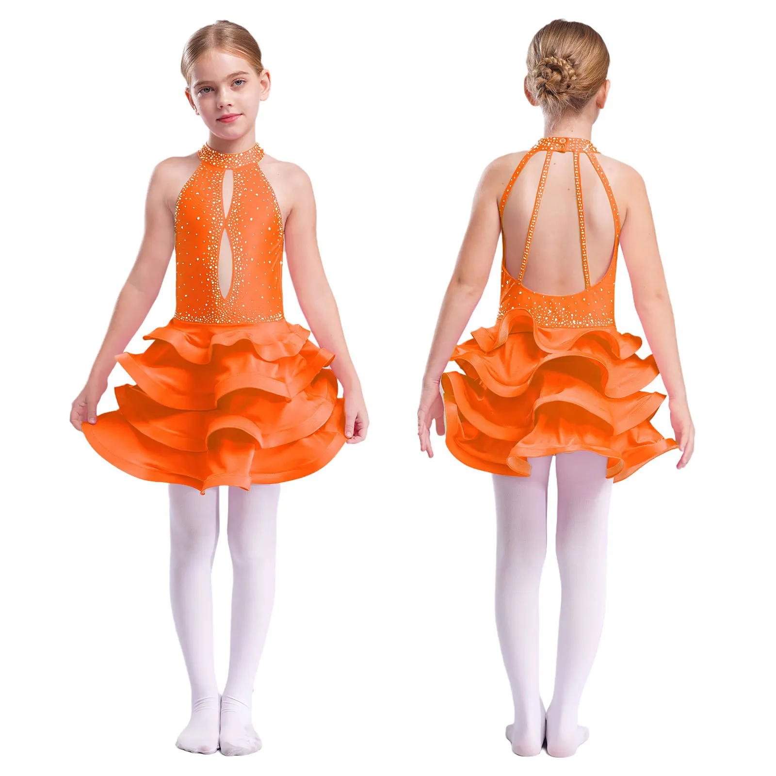 

Kids Girls Latin Jazz Dance Dress Figure Skating Dancewear Rhinestones Tiered Ballet Lyrical Tutu Dress for Stage Performance