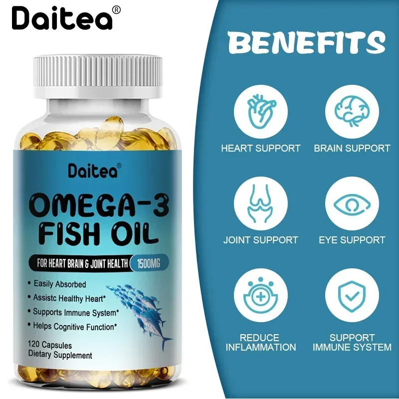 Daitea Omega-3 Fish Oil Supplement - Brain Function, Eye Health - Non-GMO, Flavorless, Easy To Swallow 120 Capsules