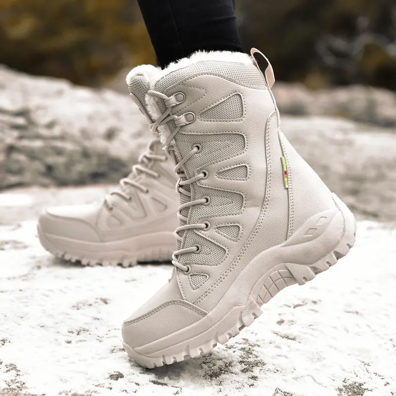 High quality leather snow boots for women new 2023 winter size 39 40 hiking outdoor mountain plush warm walking shoe black beige