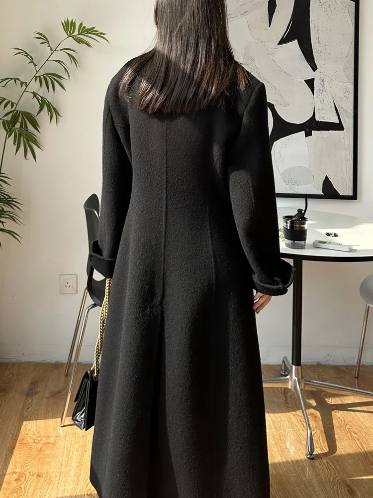 Black Slim Women Double-sided Wool Cashmere Overcoat Fashion Loose Double Breasted Woolen Coat Elegant Tide Fit Autumn Winter