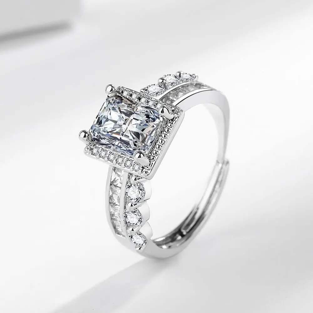 

High-end Full Diamond Zircon Sugar Cube Adjustable 925 Sterling Silver Ring Light Luxury Fashion Jewelry