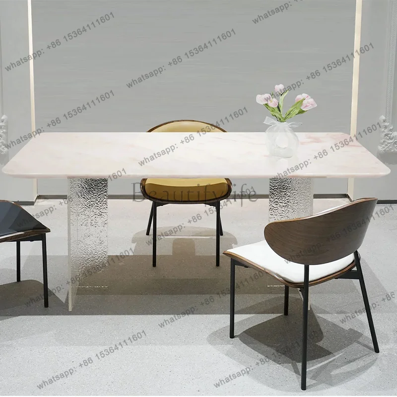 Pink diamond luxury stone dining table, villa rose rainbow natural marble long dining table