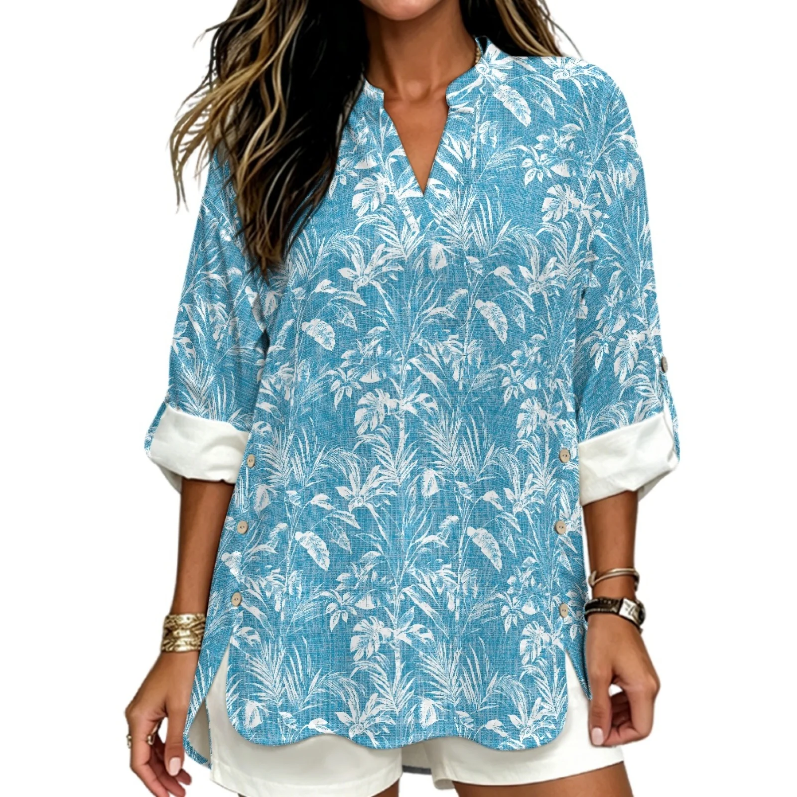 PENSTROLL Blue Botanical Print Rolled Sleeve V Neck Shirt for Autumn Linen Like Casual Loose Fit Blouses Sizes S-5XL