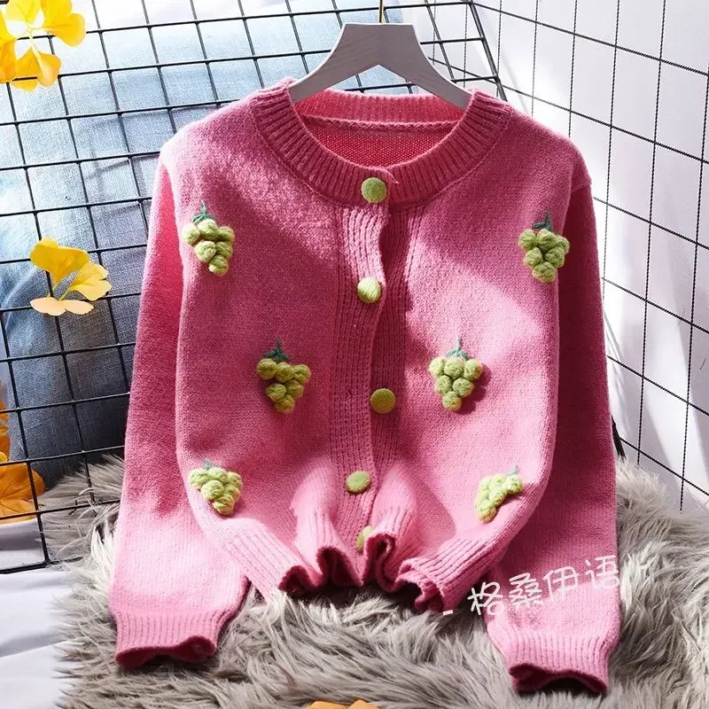 DAYIFUN Sweet O Neck Knitted Cardigan Women New Japanese Kawaii 3D Embroidered Short Sweater Lady Loose Spring Outerwear Tops