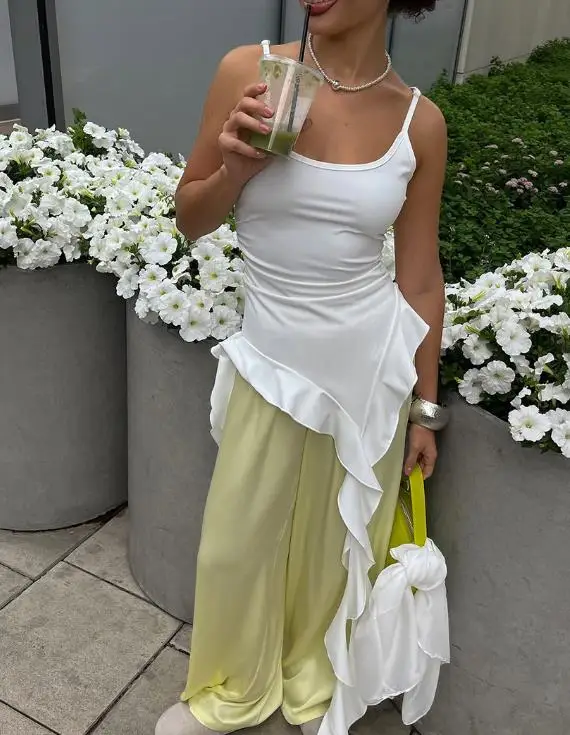 

Women's Camisole Top Summer Fashionable New Elegant Personalized Spicy Girl Wind Lotus Leaf Edge Ribbon Splicing Camisole Top