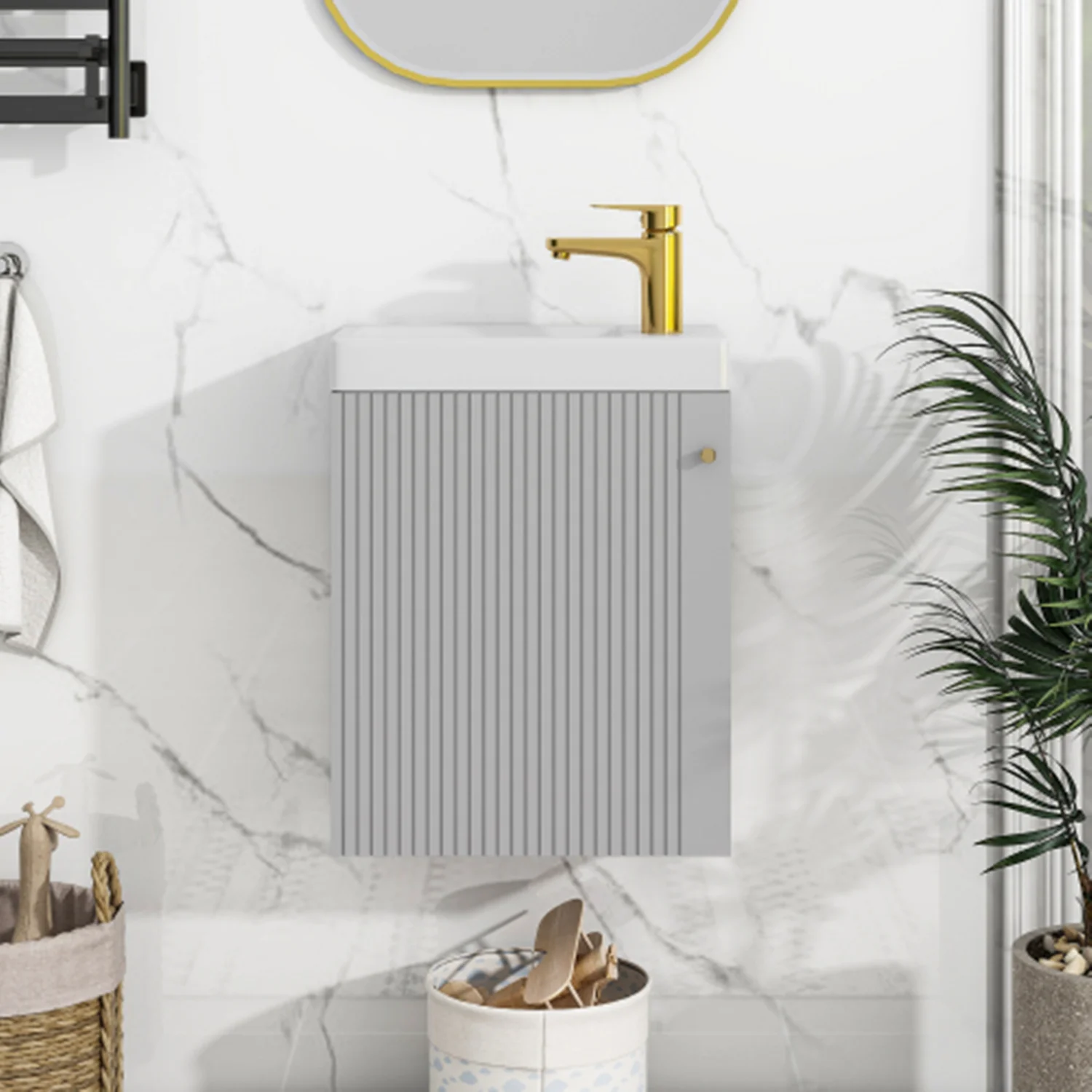 

[Viedo]Contemporary 16" Wall-Mounted Bathroom Vanity Combo Cabinet with Ceramic Basin - Ideal for Small Bathrooms