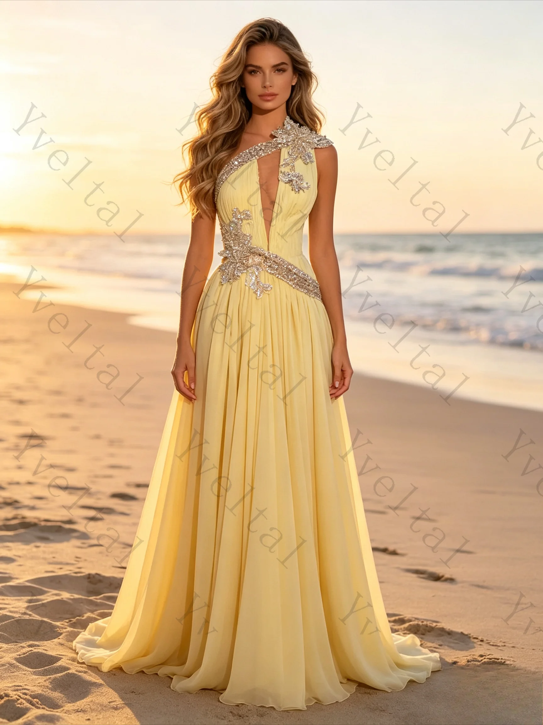 Customized Women's One-shoulder Crystal Flower Evening Gown A-line Draped Floor-length Dress for Prom Wedding Guest Beach Party