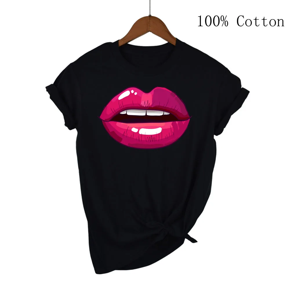 Women Tops O-neck Sexy Black Tees Kiss Lip Funny Summer Female Soft T Shirt Lips Watercolor Graphic T Shirt Top