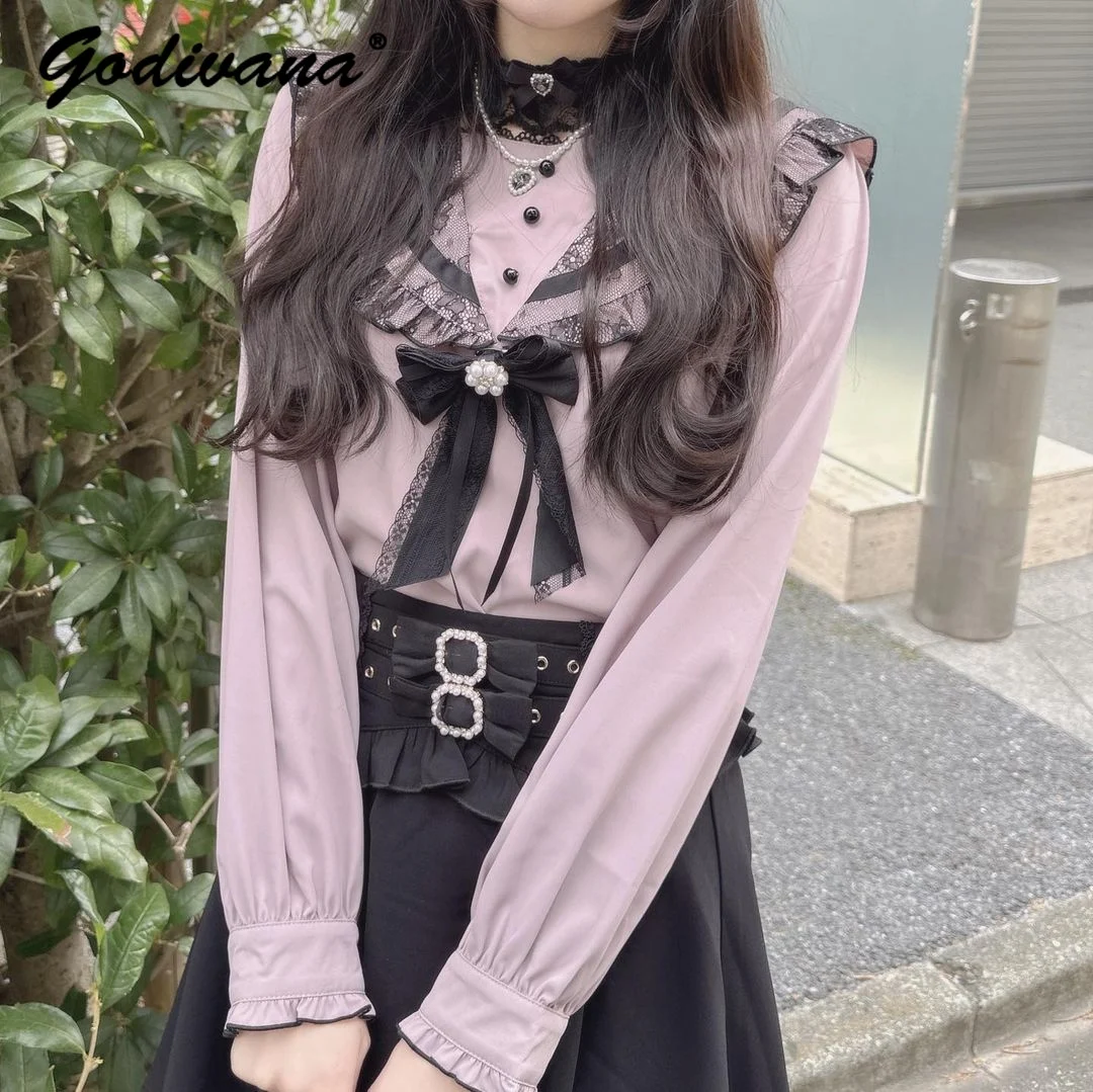 

Spring and Autumn Women's Tops Rojita Mine Series Mass-Produced Long Sleeve Lace Bow Blouse Sailor Collar Shirt for Women