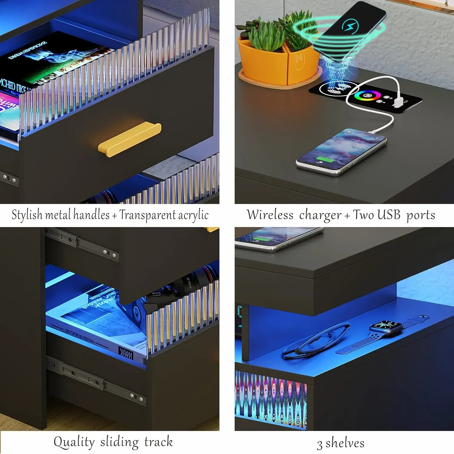 Black Nightstand with Charging Station: LED Bedside Table with 2 Drawer & Open Storage Shelf Smart End Table with Human Sensor