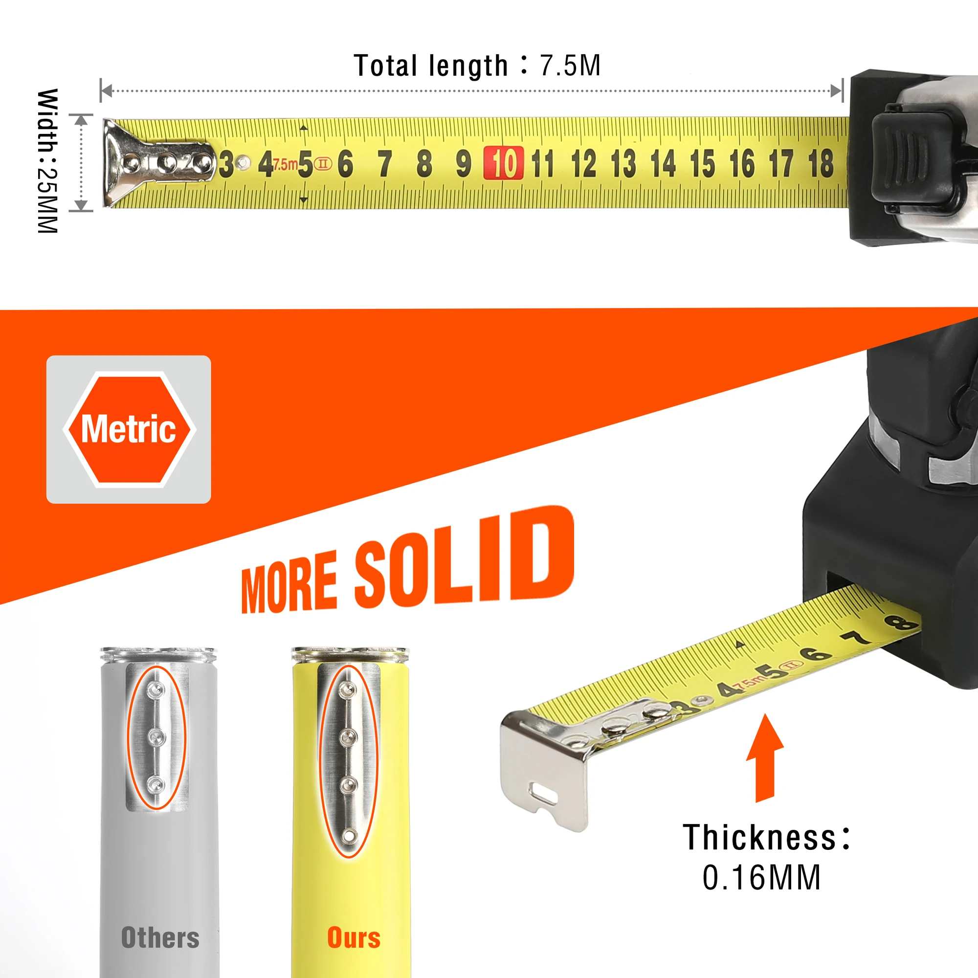 ValueMax 7.5M Metric Tape Measure Ruler Auto-Lock Retractable Distance Measurement Woodworking Measuring Tool