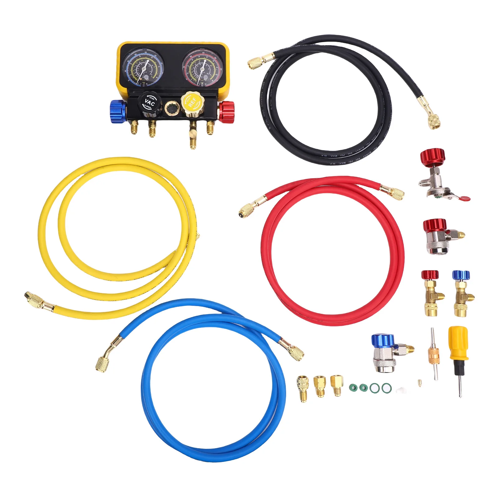 HVAC Gauges with Hoses 4 Way Heavy Duty Brass AC Manifold Gauge Set Replacement for R410A R32 R134A R22 Refrigerants