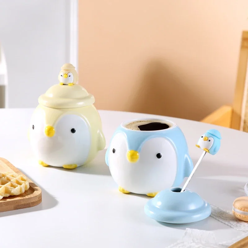 Ceramic Penguin Cartoon Cup Couple Mugs with Lid Coffee Milk Cute Water Cup Birthday Gift Universal Use Breakage Proof Packaging