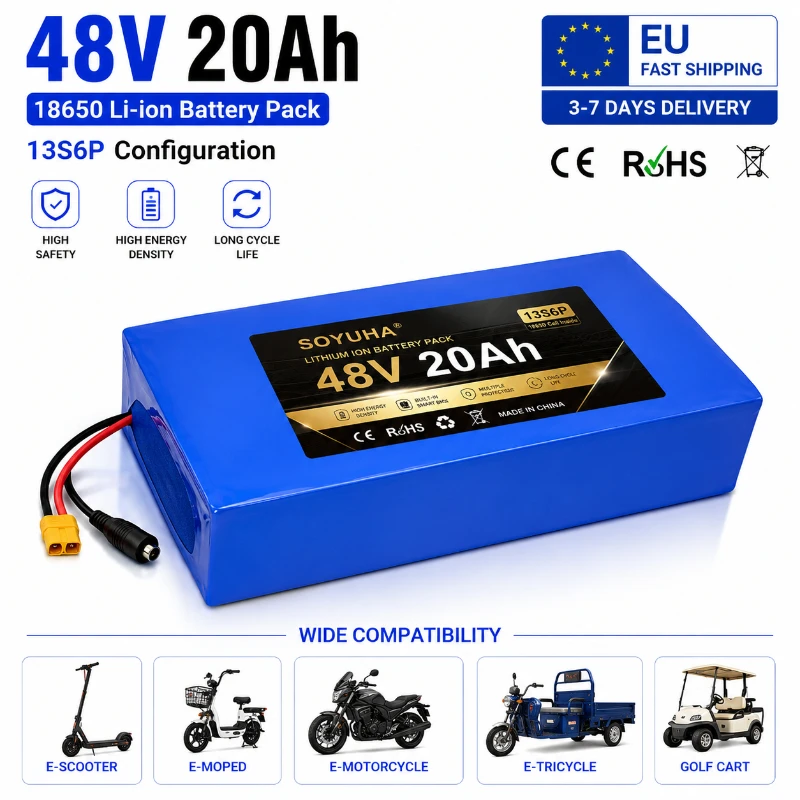 48V Akku 20Ah Lithium-Ionen-Akkupack 18650 Zellen 13S6P Smart BMS Wiederaufladbarer Akku für E-Bike Elektroroller Fahrrad Motorsteuerung XT60 Anschluss EU-Lager Schneller Versand