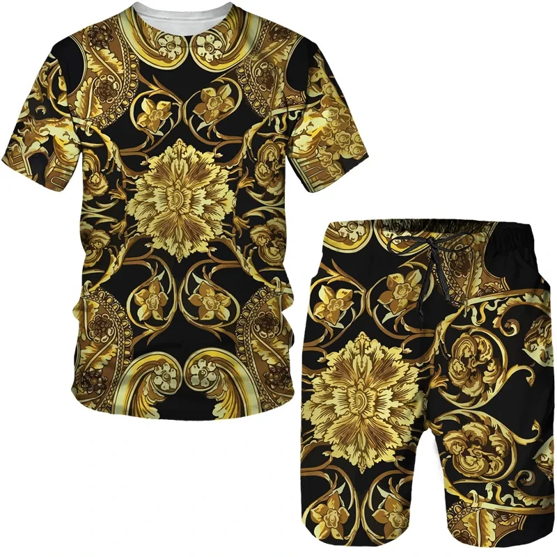 2025 Summer New Luxury Gold Printed 3D Men's and Women's T-shirt Shorts Set Retro Baroque Pattern Two Piece Set