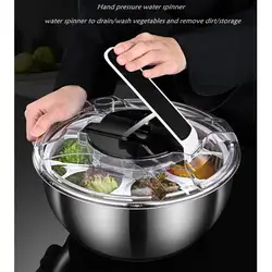 Stainless Steel Manual Salad Spinner Washer Drain Basket Fruit Vegetable Greens Washer Large Capacity Quick Dryer Bowl Kitchen