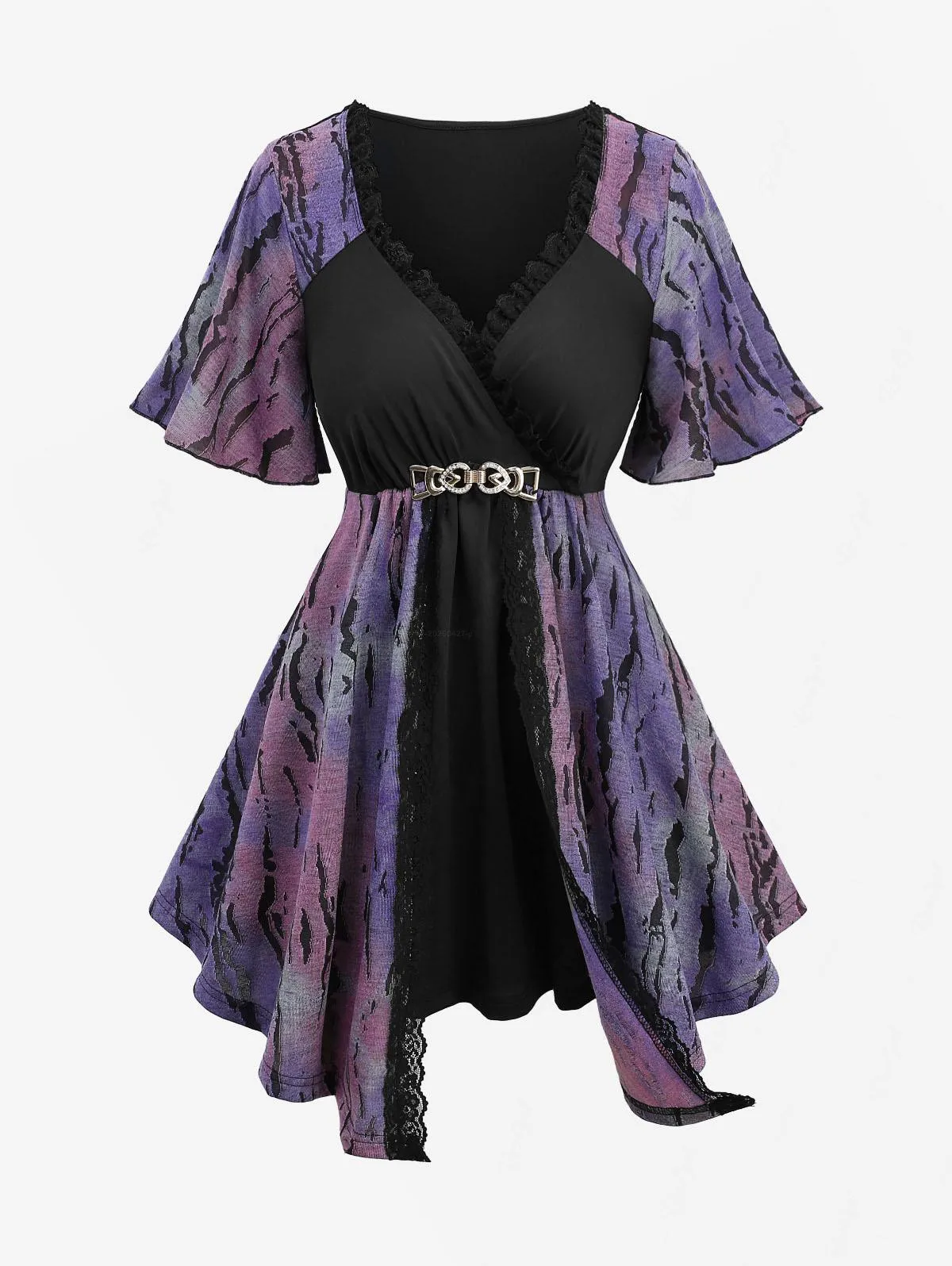 

ROSE GAL Plus Size Tie Dye Ombre Jacquard Lace Trim Buckle Belted Surplice Top Women's A-Line Swing T-Shirt