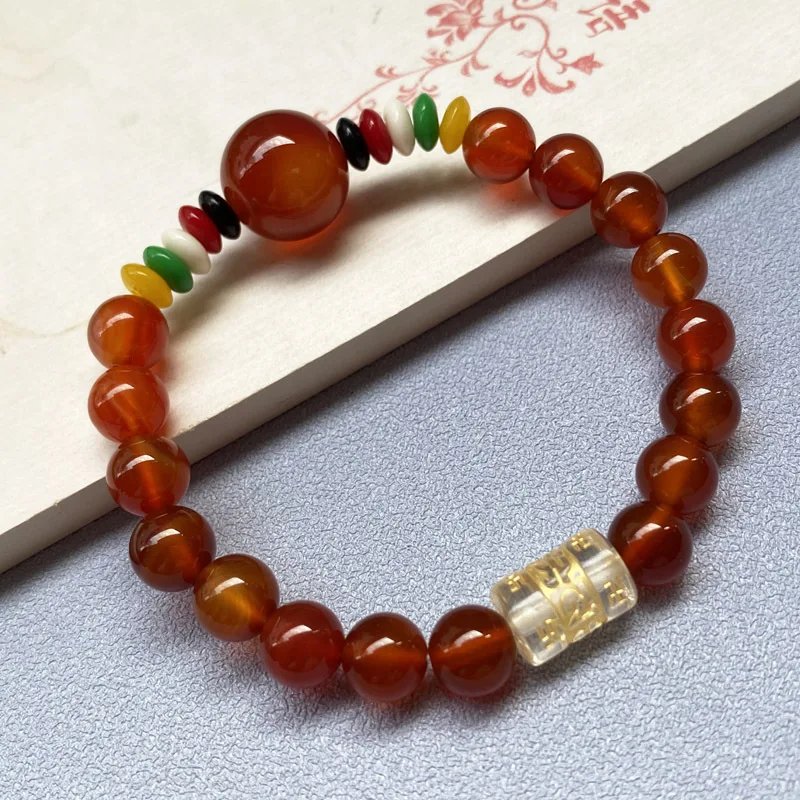 Agate with six-character mantra, chalcedony single-loop round bead bracelet