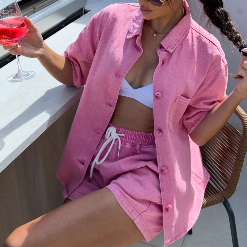 

Casual Lapel Single Breasted Denim Vacation Outfits Fashion Solid Color Casual Short Sleeve Shirts & Pocket Shorts 2 Piece Sets