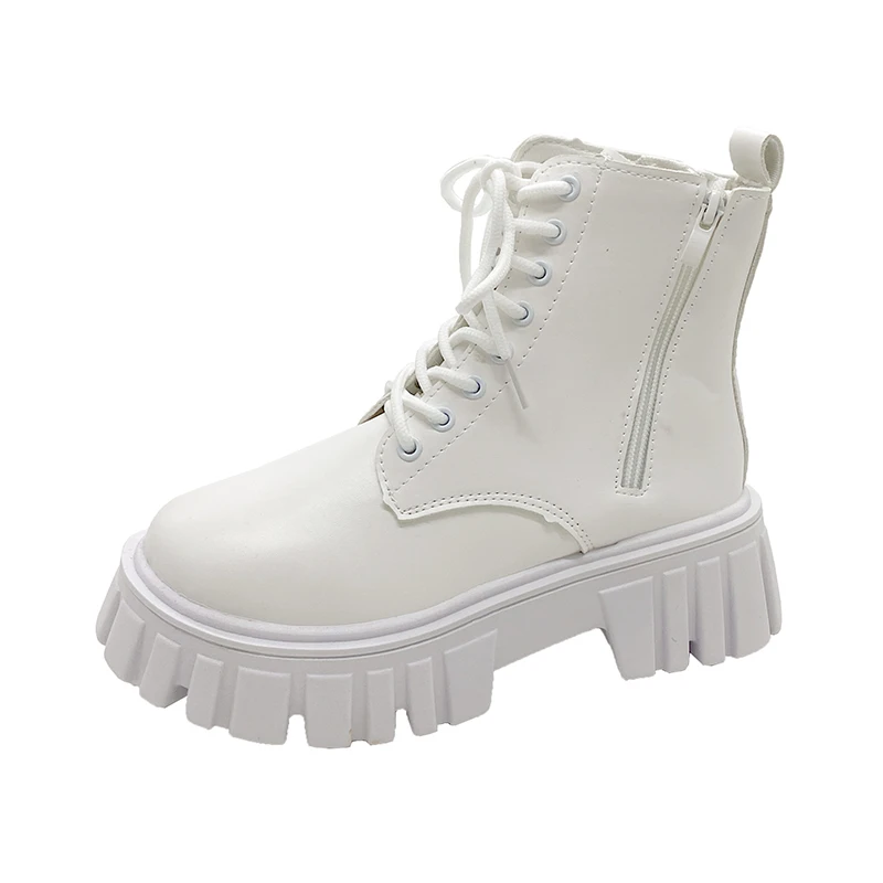 2024 White New Women Ankle Boots Autumn Winter Platform Zipper Women Punk Boots Thick Sole Lace Up Combat Booties Female Mujer