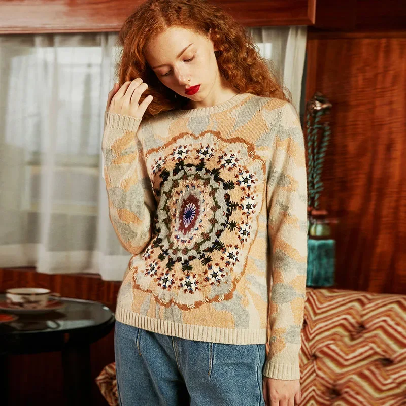 Hand-embroidered Pullovers women Autumn winter Circle floral embroidery long sleeve warm sweater high quality knitted sweaters