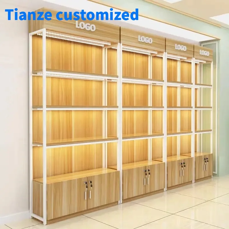 

（customized）Factory Direct Made Wood Floor Skincare Shelves Wooden Storage Stand Metal Cosmetic Display Rack Cosmetic Shops